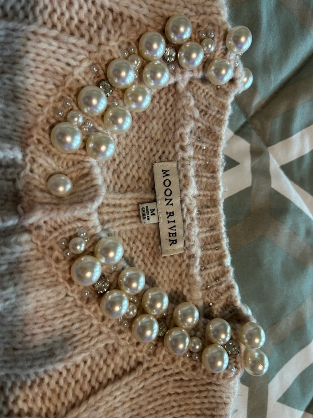 Moon River Beige Cable Knit Puff Sleeve Cardigan with Pearl Neckline - Picture 2 of 4